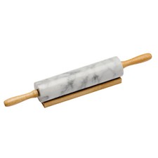 White Marble 46Cm Kitchen Roll Baking Rolling Pin With Wood Handles And Stand