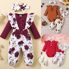 Newborn Baby Girls Floral Ruffle Romper Tops Jumpsuit Pants Outfits Set Clothes