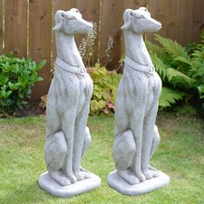 LIFE SIZE GREYHOUND PAIR HAND CAST STONE OUTDOOR GARDEN ORNAMENT DOG STATUE GIFT