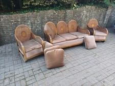 1930s Art Deco Bergeres Suite Large Cane & Wood Sofa Settee with Two Armchairs