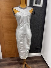 Sold Out Karen Millen Foiled Silver Bandage Bodycon Dress Size L (12-14) BNWT