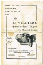 VILLIERS JUNIOR DE LUXE 98cc BICYCLE ENGINE ORIG. 1948 OWNER HANDBOOK/PARTS LIST
