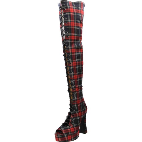 Red tartan thigh high heel - red,