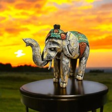 ChiselCraft Large 35cm Wooden Elephant, Hand Carved & Painted ,Silver   finish