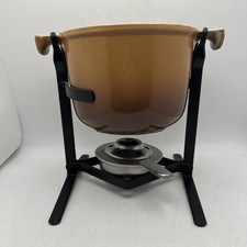 Le Creuset Vintage Fondue Set Brown Cast Iron with Stand & burner VGC retro !!!!