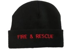 FIRE & RESCUE Black Embroidered Beanie Hat Cap RED Text Fireman Uniform Brigade