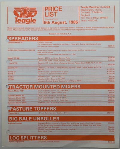 Teagle price list 1985 - list,,