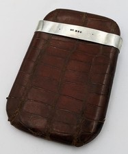 ANTIQUE CROCODILE SKIN & STERLING SILVER LEATHER CIGAR CASE 1918