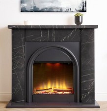 BLACK MARBLE EFFECT FIREPLACE BLACK ARCHED ELECTRIC FIRE REMOTE CONTROL LOGS
