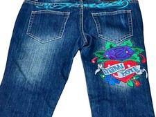 Ed Hardy Jeans Christian Audigier Embroidered Tattoo Rhinestone Heart 31x32