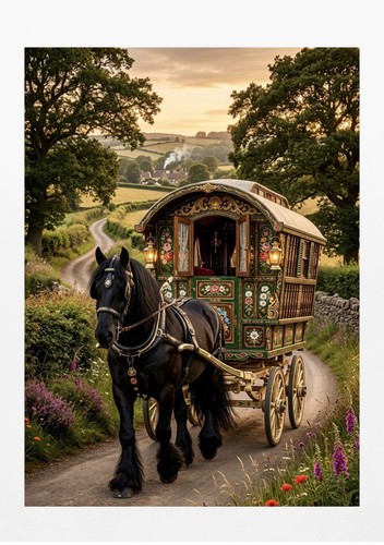 Black horse romany gypsy wagon - horse,