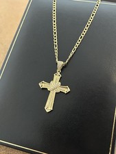 9ct Gold Crucifix Cross Pendant Necklace 45cm Figaro Chain CZ Stones Gold Filled