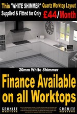 THIS WHITE SHIMMER QUARTZ WORKTOP LAYOUT SUPPLIED & FITTED FOR ONLY £44/MONTH