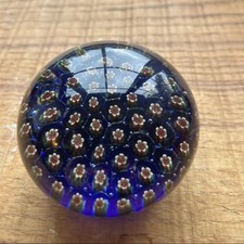 Vintage Hand Blown Blue Art Glass Millefiori Paperweight