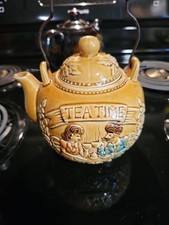 Vtg Japan Brownish Yellow Tea Time Ceramic Teapot Metal Wire Handle floral