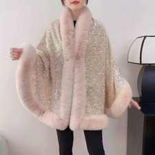 Elegant Sequin Cape Wrap with Plush Faux Fur in Beige