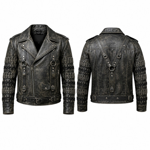 Men black leather biker - black,
