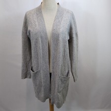 Jaeger Wool Cashmere Long Line Grey Cardigan Jacket Size M Open Front Pocket
