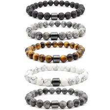 Men's Gemstone Strand Bracelet Black Magnetic Hematite Beads Energy Healing Yoga