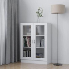 White Cabinet Cupboard Display Storage Unit w/ Glass Doors & Shelving