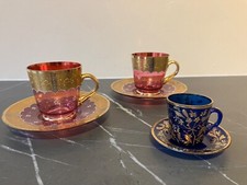 Set of 2+1 Antique Moser Cranberry & Cobalt Glass Cup Saucer Enamel Gold Gilded
