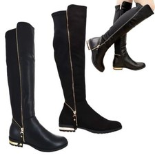 LADIES WOMENS FLAT LOW HEEL OVER THE KNEE STRETCH ZIP UP HIGH BOOTS SHOES SIZE