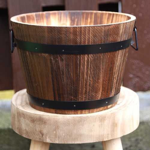 Round wooden barrel planter - barrel,