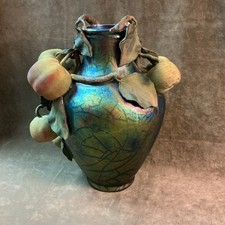 Victorian Clement Massier art pottery France iridescent Apple design Vase AS IS