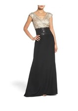 Tadashi Shoji $448 NORDSTROM Size 2 Sequin Woven Fit & Flare Gown Ginseng Black