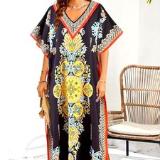 Ethnic Abaya Elegant Poly Woven Stretch Tribal Western V-Neck Beach Robe Caftan