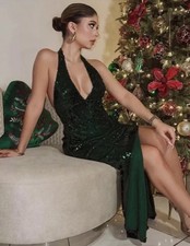 ZARA GREEN HALTER NECK MIDI SEQUINNED DRESS WITH FRONT SLIT SIZE S BNWT