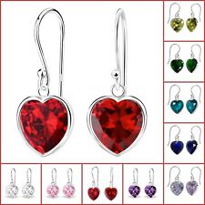 Love Heart Hook Earrings 925 Sterling Silver CZ Short Drop Ladies Birthstone UK