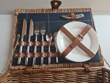 New Wicker Picnic Hamper 2 Person Blue Tweed Woven Basket with Cutlery, Plates