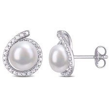 AMOUR 8-8.5mm Freshwater Cultured Pearl and Diamond Accent Halo Stud Earrings In