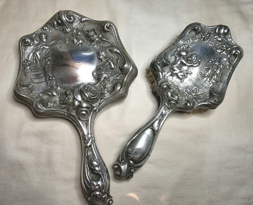 Antique silver hand mirror - silver,