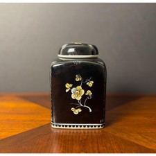 Rare Royal Delft Black Scratch Tea Caddy & Lid Cherry Blossoms 1964