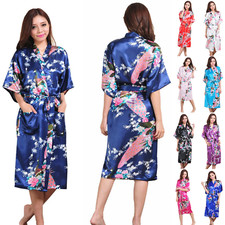 Womens Kimono Robe Peacock Dressing Gown Blossoms Nightwear Long Bride Sleepwear
