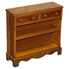 ELEGANT VINTAGE YEW WOOD LOW DWARF BOOKCASE WITH TWO STORAGE DRAWERS