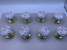 8 White Polcelain Knobs With Floral Design - New See Description - Brass Bottom