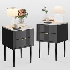 Set of 2 Marble Top Bedside Tables | Modern Black Nightstands with 2 Drawers