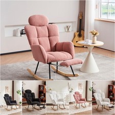 Soft Teddy Fabric Tufted Upholstered Rocking Chair Padded Seat with Headrest 
