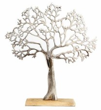 Silver Metal Tree Decorative Ornament On Wooden Base - Large