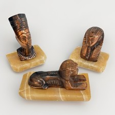3 X Vintage Brass Egyptian Ornaments Marble Base Tutankhamen Nefertiti Sphinx