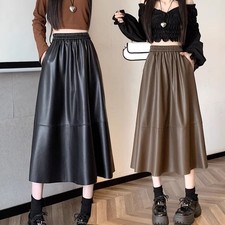 Womens Faux Leather Skirt Midi High Waist Pleated Casual A-line Skirt Punk Party