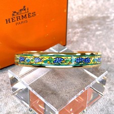 Vintage Hermes Enamel Bangle Bracelet Green Enamel Grapes Gold Rim 65 w/Box