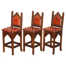 THREE RESTORED BROWN LEATHER CHESTERFIELD GOTHIC STEEPLE KITCHEN BAR STOOLS 3