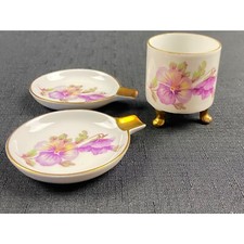 Vintage Mitterteich Bavaria Cigarette Set Holder Ashtrays Violet  pansies