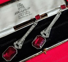 Vintage Art Deco Style Geometric Red GLASS Crystal Large Drop Earrings Silver Pl