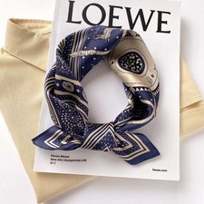 100% Mulberry Silk Neck Scarf, Square Navy Blue Vintage Horse Print Real Silk