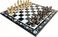 Luxury 15" Black & White Marble Chess Set – Pietra Dura Inlay + Brass Pieces